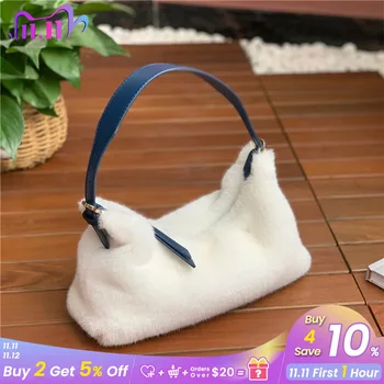 

Winter Soft Plush Ladies Hobos Shoulder Bags Faux Fur Baguette Handbags for Women Luxury Design Female Clutch Purse Mini Tote