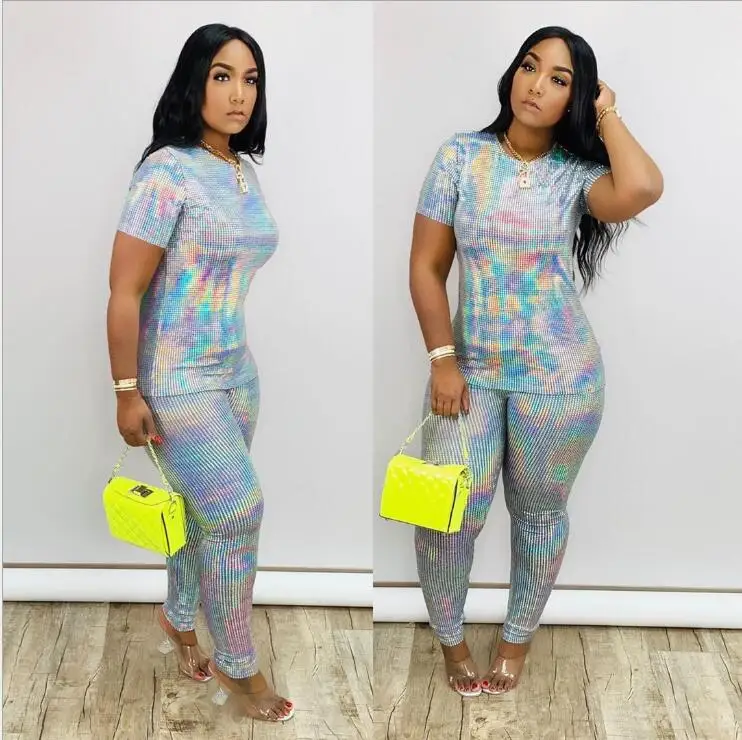 

2 Two Piece Set Women African Clothes Sequins Suit (Top And Pants) Super Elastic Party Plus Size Suits For Lady