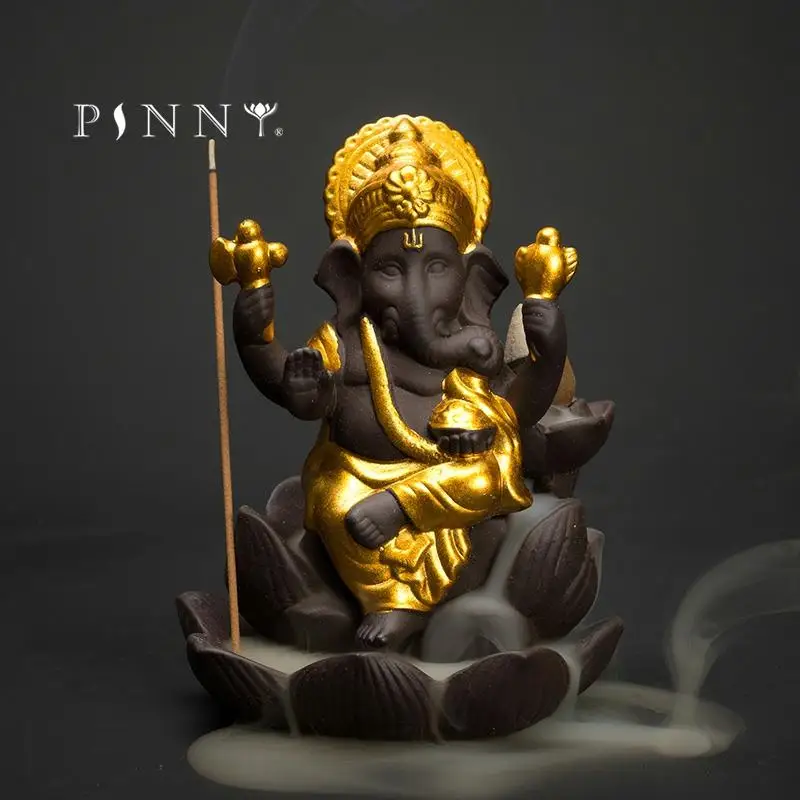 

PINNY Purple Clay Ganesha Stick And Backflow Incense Burner Elephant Statue Ganesha Mammon Censer Rring Success And Happiness