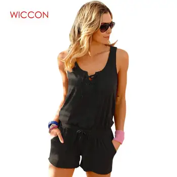 

Women Playsuits Rompers Solid Sleeveless Jumpsuits Shorts Pockets Casual Beach Summer Playsuit Overalls Plus Size