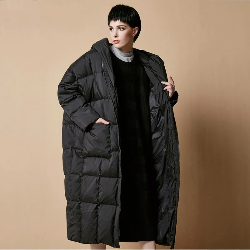 YU-L012Black Новая мода дизайн с капюшоном утепленная теплая верхняя одежда для женщин большие размеры свободные куртки кокон зимнее длинное женское пальто - Цвет: YU-L012Black