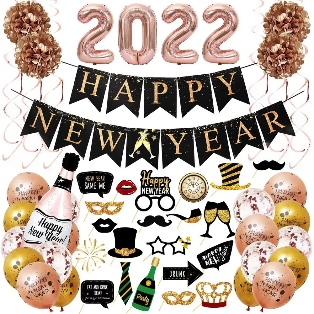 Rorchio New Year Eve Decorations 2022 with Happy New Year Banner Balloons and 2022 Foil balloons and Party Balloons for Black and Gold New Year Party Supplies