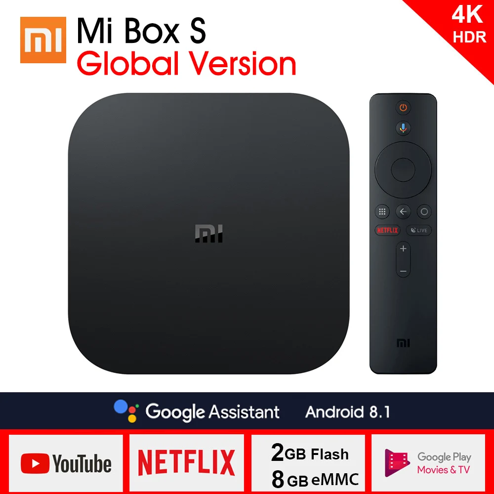 Глобальная версия Xiaomi mi Box S 4K HDR Android tv Box Google Assistant четырехъядерный процессор 2 ГБ+ 8 Гб воспроизведение при 60fps IP tv Smart mi Box S