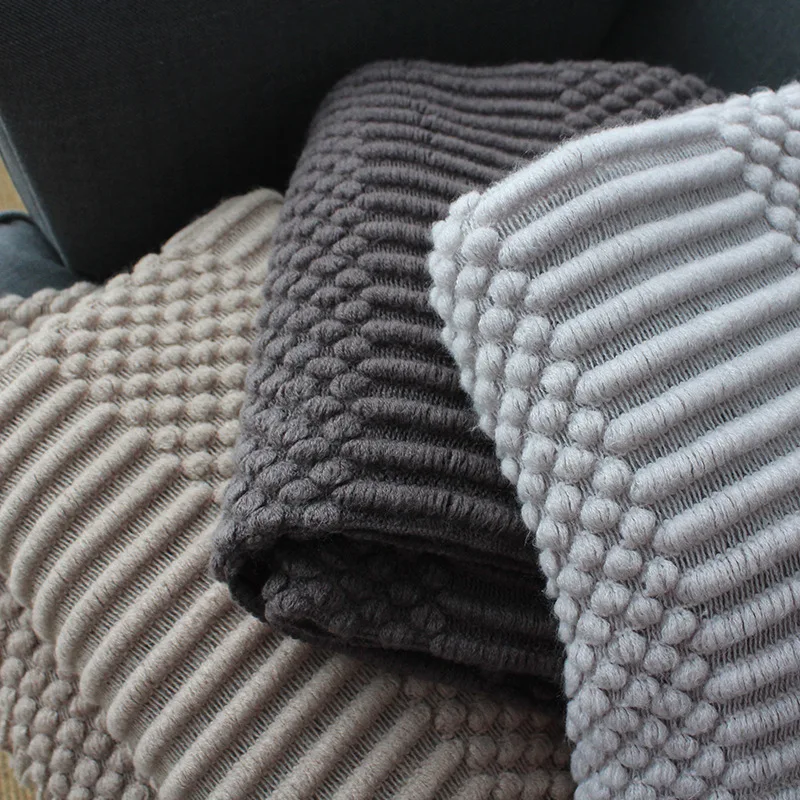 Europe Plaid Knit Air Conditioner Cover Nap blanket Comfortable warm tassel Nordic solid color Blankets for Beds Sofa black gray-2