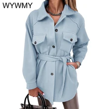 WYWMY Light Blue Woolen Coat Women Autumn Jacket Lapel Lace Up Wool Coat Female Elegant Medium Long Winter Overcoat for Women