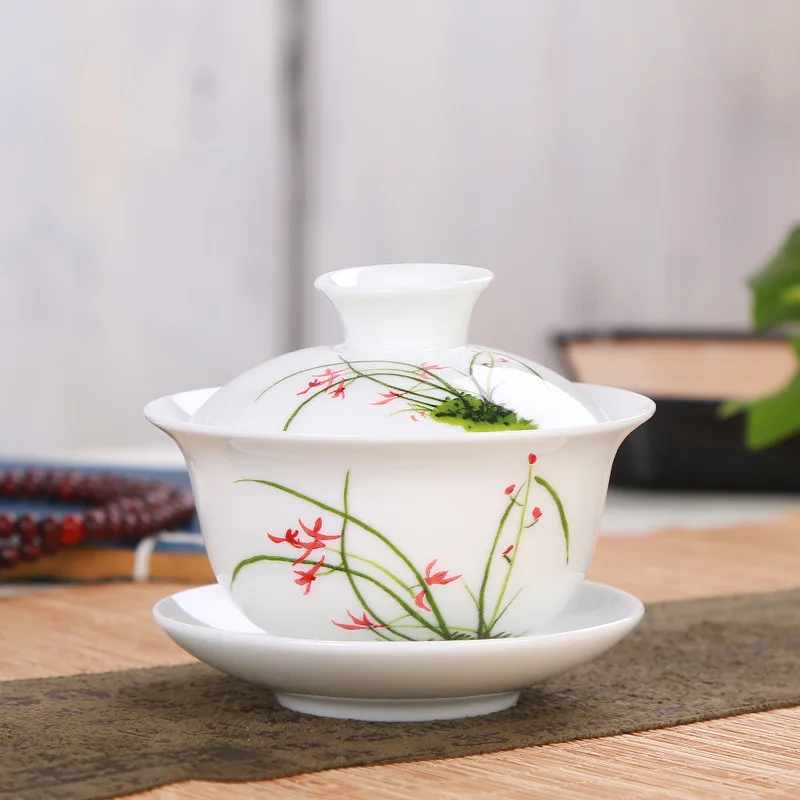 High grade white porcelain Gaiwan ceramic tea set Sancai cover bowl blue and white tea set bowl 150ml