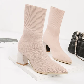 

Winter 2020 Spring Trending Women Stretch Fabric Pink Block High Heels Sock Boots Autumn Female Yarn Elastic Ankle Boots Shoes