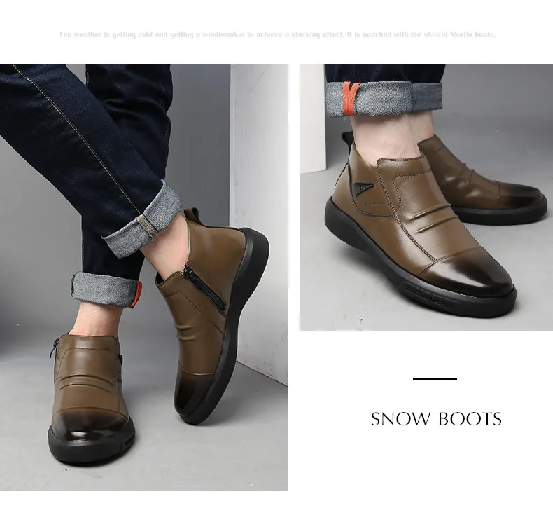 Брендовые зимние мужские ботинки теплые мужские зимние ботинки из толстого плюша качественные кожаные мужские Ботильоны мужские повседневные ботинки без шнуровки кроссовки