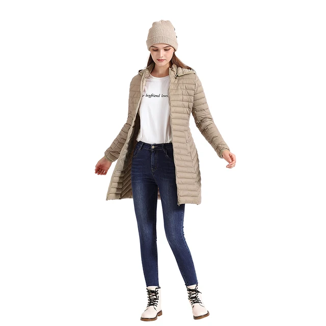 SANTELON-Parka larga y cálida con capucha para mujer, ropa de algodón acolchada para exteriores, prendas de vestir portátiles ultraligeras con bolsa, Invierno - Imagen 4