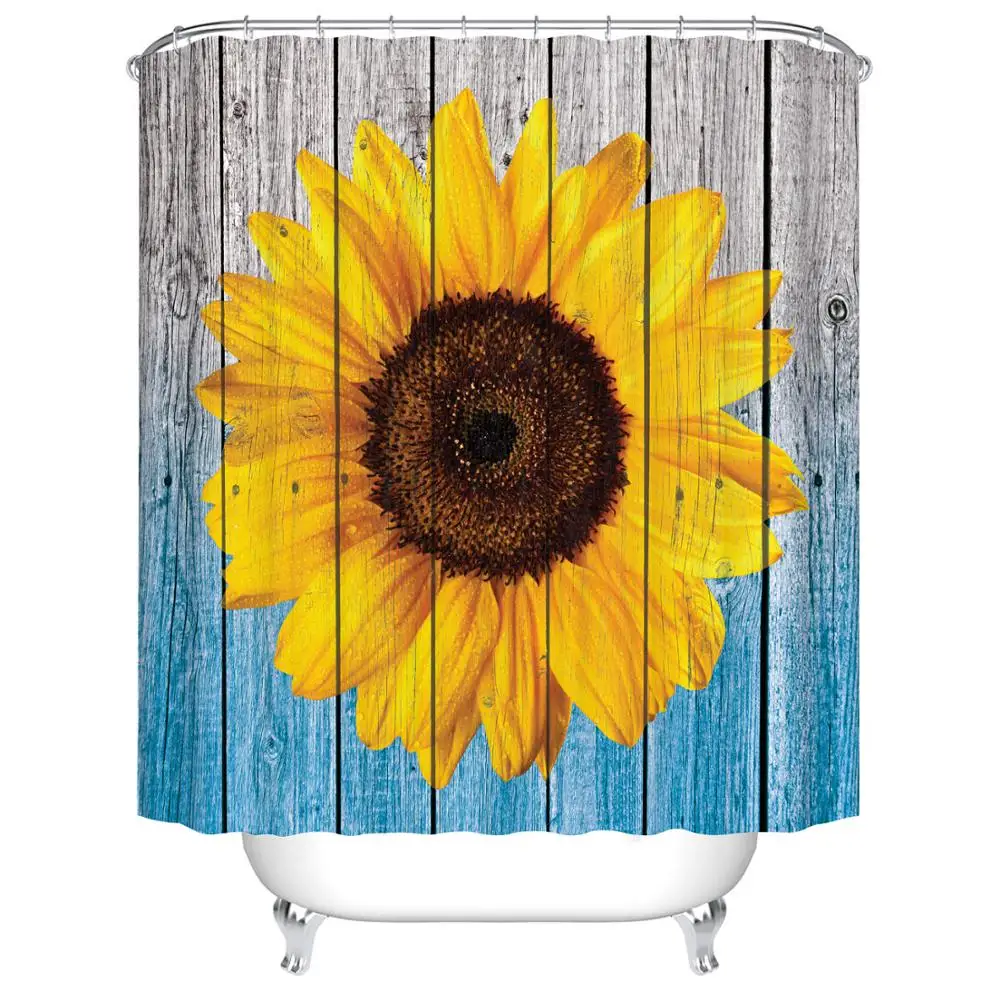 

Waterproof Thicken Golden Sunflower Blue Bathroom Shower Curtain Polyester Mildew Proof Bath Tub Curtain with 12 pcs Hooks
