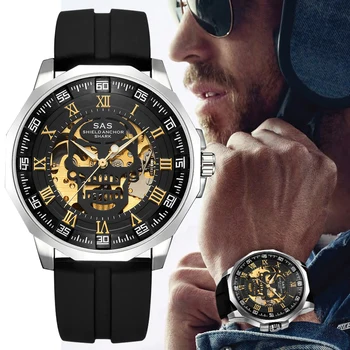 

Shark Sports Watch Men Fashion 3D Skull Design SAS Shield Anchor Vintage Mechanical Watches Silicone Strap Skeleton Wirst Watch