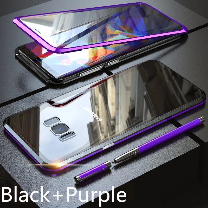 360 полный защитный Магнитный чехол для samsung Galaxy Note 10 S10 S10e S10 Plus 5G S8 S9 Plus Note 8 9 двухстороннее закаленное стекло - Цвет: Black and Purple