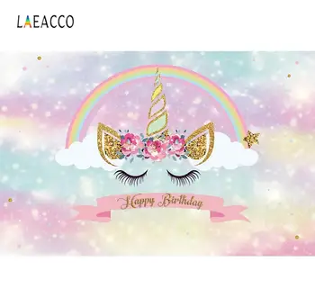 

Laeacco Unicorn Birthday Party Rainbow Gold Star Polka Dots Customized Poster Portrait Photo Background Photographic Backdrops