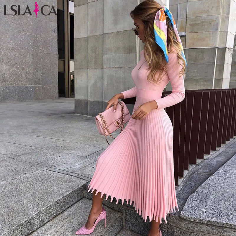 Lslaica Платье женское модное горячая Распродажа платье-свитер миди однотонное Повседневное платье с круглым вырезом и длинным рукавом тонкое платье с высокой талией для женщин - Цвет: Розовый