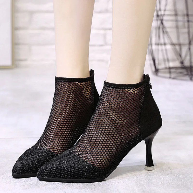 

Spring And Summer New Style Thin Heeled Sexy Hollow out Sandals Women's Hight-top Pointed-Toe Rome Sandal Boots after Zipper Hig