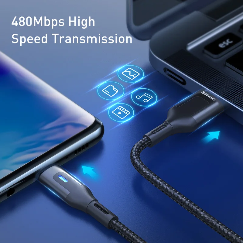 Светодиодный кабель Baseus usb type C Quick Charge 3,0 type C для huawei samsung S9 S8 мобильный телефон провод для быстрого заряда USB C кабель