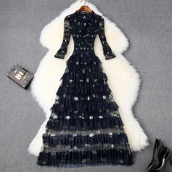 

[EWQ] 2020 Spring New Arrivals Polyester Bow Neck Flare Sleece Lace Decoration Women Print Fashion Foor-length Dress AW09200
