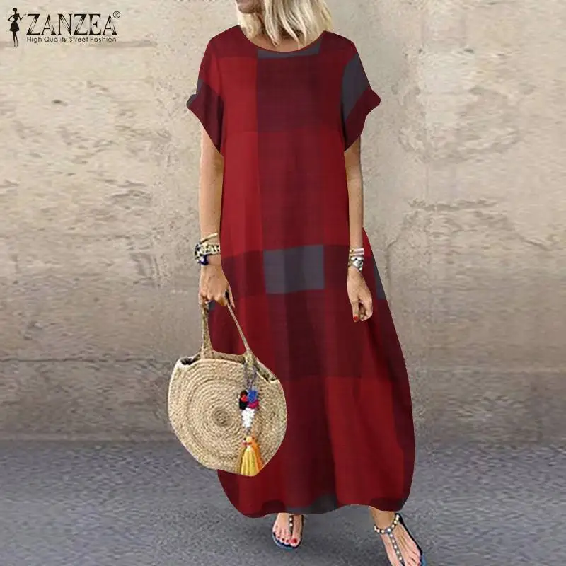 

Fashion Summer Check Maxi Dress ZANZEA 2023 Women's Baggy Sundress Casual Short Sleeve Vestidos Female Plaid Robe