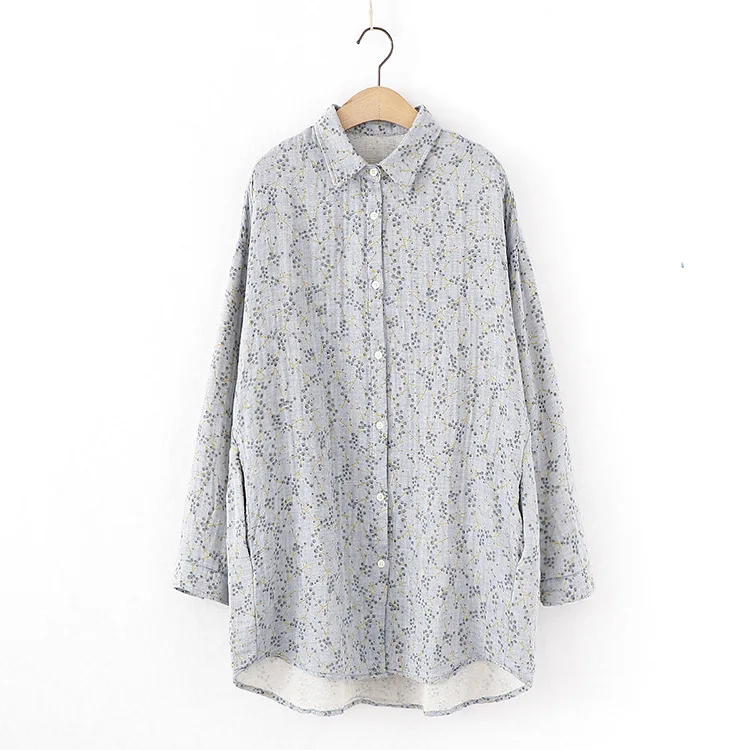 KYQIAO Руба женская blusas mujer de moda японский стиль свежего размера плюс серая бежевая хлопковая рубашка с принтом топы