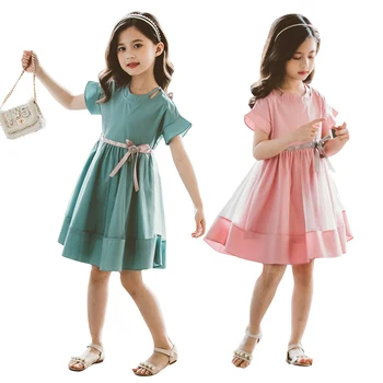 

short sleeve chiffon dress age for 4-14 years teenage girls casual loose beach clothes 2020 new summer simple ruffle kids frocks