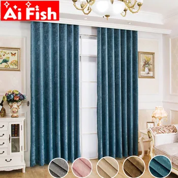 

Modern Minimalist Flocking Thick Window Treatments Curtains For living room Solid Chenille Blackout Bedroom Curtains M132-50