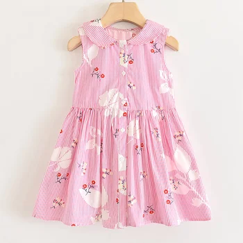

Girls Dresses Summer New Kids Wear Girls Sweet Striped Flower Print Sleeveless Vest Dress