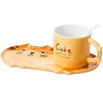 

Cute cartoon cat ceramic coffee cups and saucers spoon set household water cup children breakfast milk drinkware