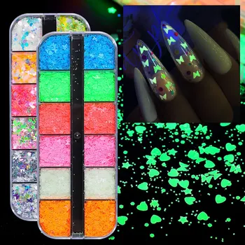 

1 Box Fluorescent Luminous Nail Glitter Butterfly Star Shape Sequins Glow In The Dark Flakes Slices DIY Manicure Decorations