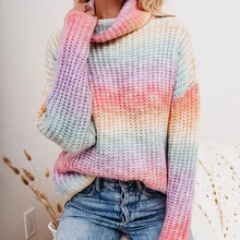 

Turtleneck Rainbow Striped Sweater Europe and America Loose Sweaters Knitted Pullover Long Sleeve Sweater Sweet Fall Winter Tops