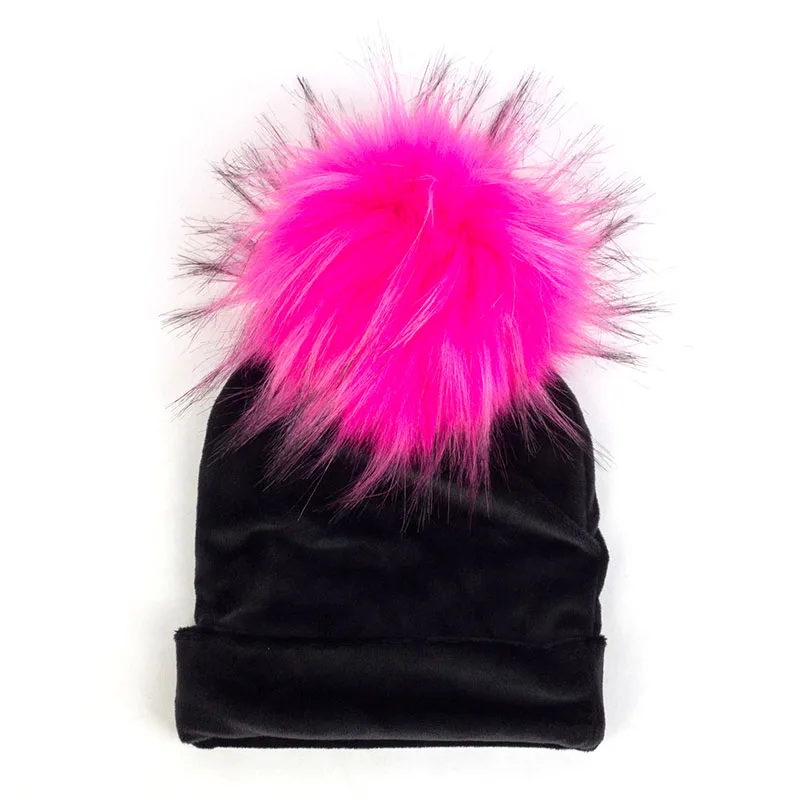 Geebro Newborn Baby Velvet Soft Thicken Beanies With Pom Pom Faux Fur Hairball Toddler Winter Warm Ear Hats Solid Color DK944 - Цвет: Black6