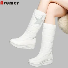 ASUMER/Большие размеры 35-44, новые зимние сапоги на пуху из натуральной кожи женские ботинки на танкетке женские зимние ботинки без шнуровки белого и черного цвета