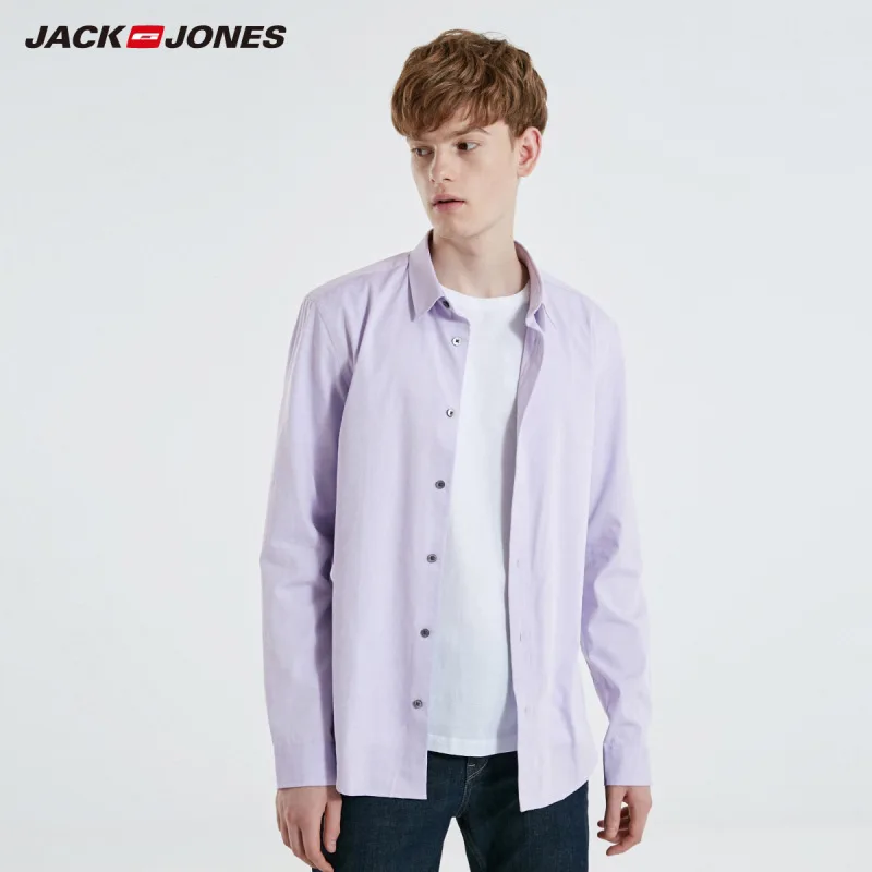 JackJones Мужская однотонная хлопковая рубашка с длинными рукавами деловая повседневная мужская одежда 219105505 - Цвет: PURPLE