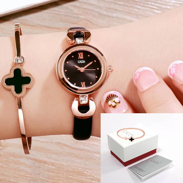 Relogio Feminino GEDI 8 мм ультратонкие женские кварцевые часы Лакшери модные часы Montre Femme женские элегантные часы браслет подарок - Цвет: Black box