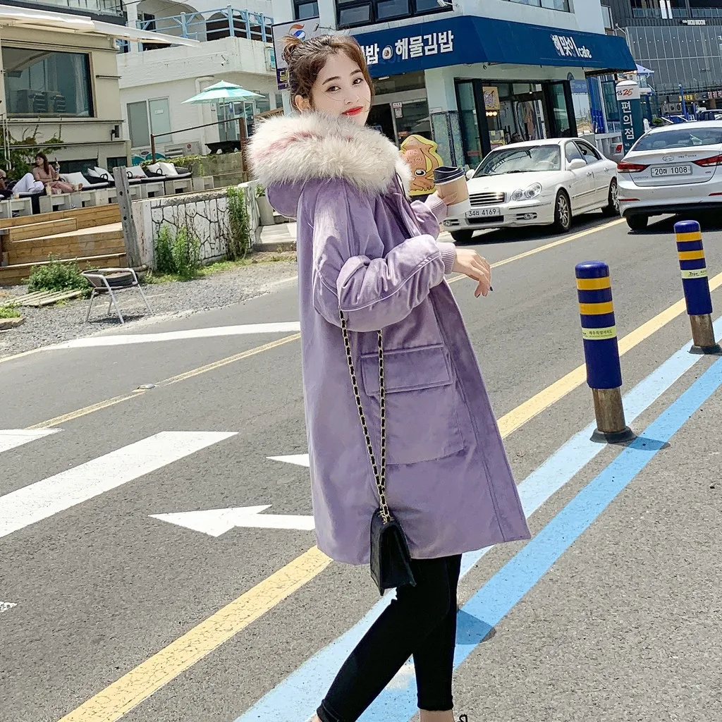 

Coat 2019Top Women Fashion Outerwear Long Cotton-padded Jackets Pocket Suede Hooded Coats