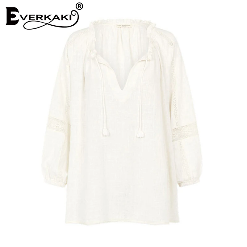 White Everkaki/однотонная женская блузка в стиле бохо, топ из хлопка, с кисточками, с завязками на шее, с длинными рукавами, элегантные Бохо топы, блузки женские, осень - Цвет: White