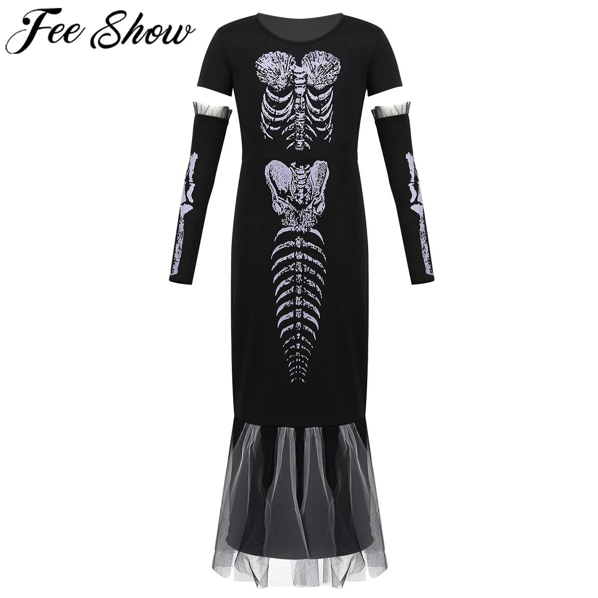 

FEESHOW Kids Halloween Cosplay Costume Girls Skull Skeleton Printed Mesh Hem Fishtail Long Dress with Arm Sleeves Party Costume