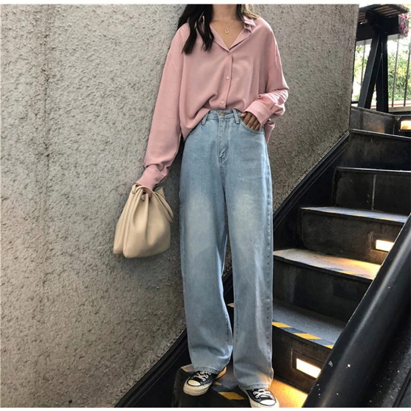 Women Jeans Casual Loose Light Blue High Waist Slimming Denim Straight Wide Leg Trousers Denim Jeans Womens Mom Jeans