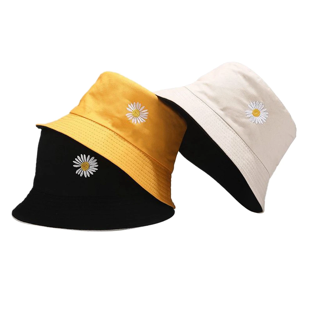 New Fashion Cow Print/ Daisy Embroidery Hat White Black Bucket Hat Reversible Fisherman Caps Summer Cool Hats For Women Gorras
