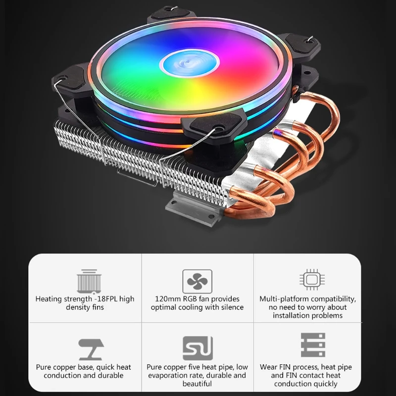 

Кулер ЦП Q1JF, 2 бесшумных вентилятора ШИМ, Цветной RGB-радиатор с 5 медными трубками 120 мм, низкий профиль для intel/amd/LGA 775/1156