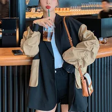 [Ewq] Korea Chic Casual Trend Vrouwen Revers Contrast Stiksels Losse Fashion Pocket Lange Mouwen Blazer Herfst 2021 16E1333