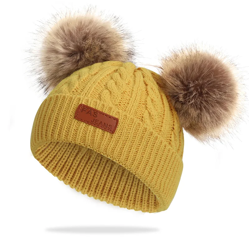 Детская шапка, вязаная Милая шапка для девочек, BoysBig Pom pom Beanie, детские шапки для девочек и мальчиков, теплая вязаная зимняя детская шапка из натурального енота F - Цвет: Yellow-1