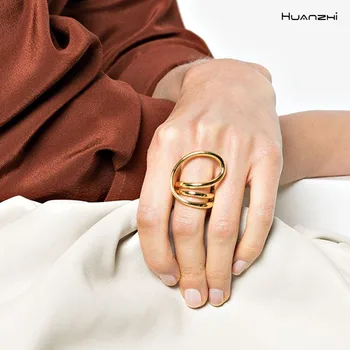 

HUANZHI 2020 New Gold Silver Color Geometry Twisted Metal Multi Finger Rings Minimalist Irregular Ring For Woman Men Jewelry