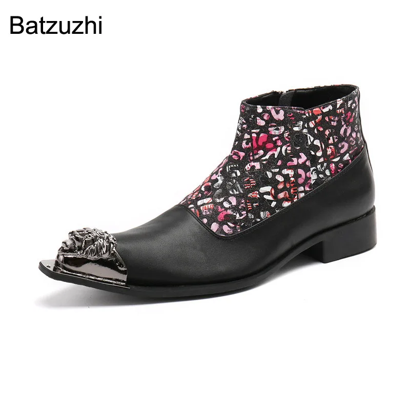 Batzuzhi Fashion Personality Men's Ankle Boots Genuine Leather Pointed Metal Toe Zip Black Color Leather Motorcycle/Party Botas