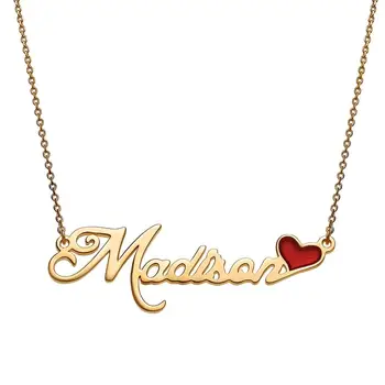 

Script Name Plaque Necklace With Red Enamel Heart，Custom 925 Sterling Silver name Jewelry ，Custom name Necklace