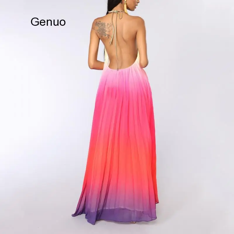 Sexy Dress Tie Dye Dress Vestido De Festa Longo 2020 Women's Sexy Fashion Halter Beach Dress Hanging Neck Chiffon Dress Robe