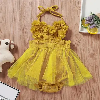

Baby Girl Summer Dress Excellent Polyester Sleeveless Yellow Spaghetti Strap Petals Lace Jumpsuit Ruched Yarn Princess