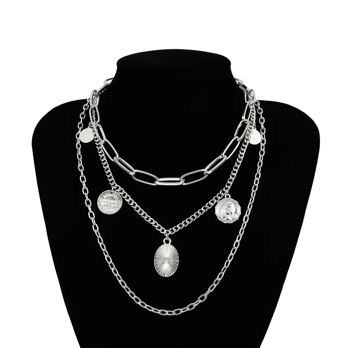 Europe And America Accessories Exaggeration Cool Geometry Lettered Necklace Retro Multilayer Coin Tassels Chain Necklace Women's