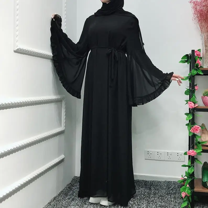 Chifffon Vestidos Рамадан кафтан абайя, арабское мусульманское Макси платье кафтан Elbise Hijab Eid платья Robe Femme Musulmane - Цвет: Black dress