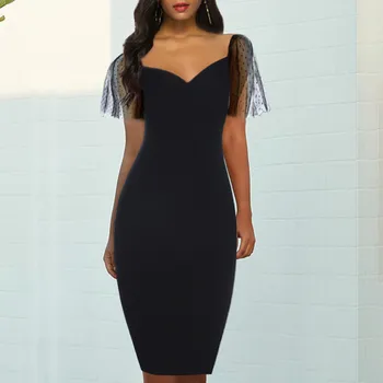 

Women Dress Patchwork Mesh Flare Short Sleeves Black Slim Elegant Modest Office Lady Classy Vestido Elastic Large Woman Fashion