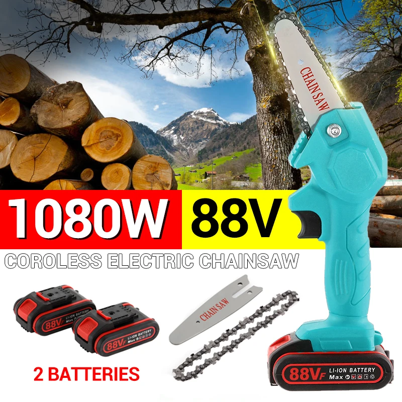 

1080W 4 Inch 88V Mini Electric Chain Saw Rechargeable Wood Cutter Cutting Machine Woodworking Pruning One-handed Garden Tool